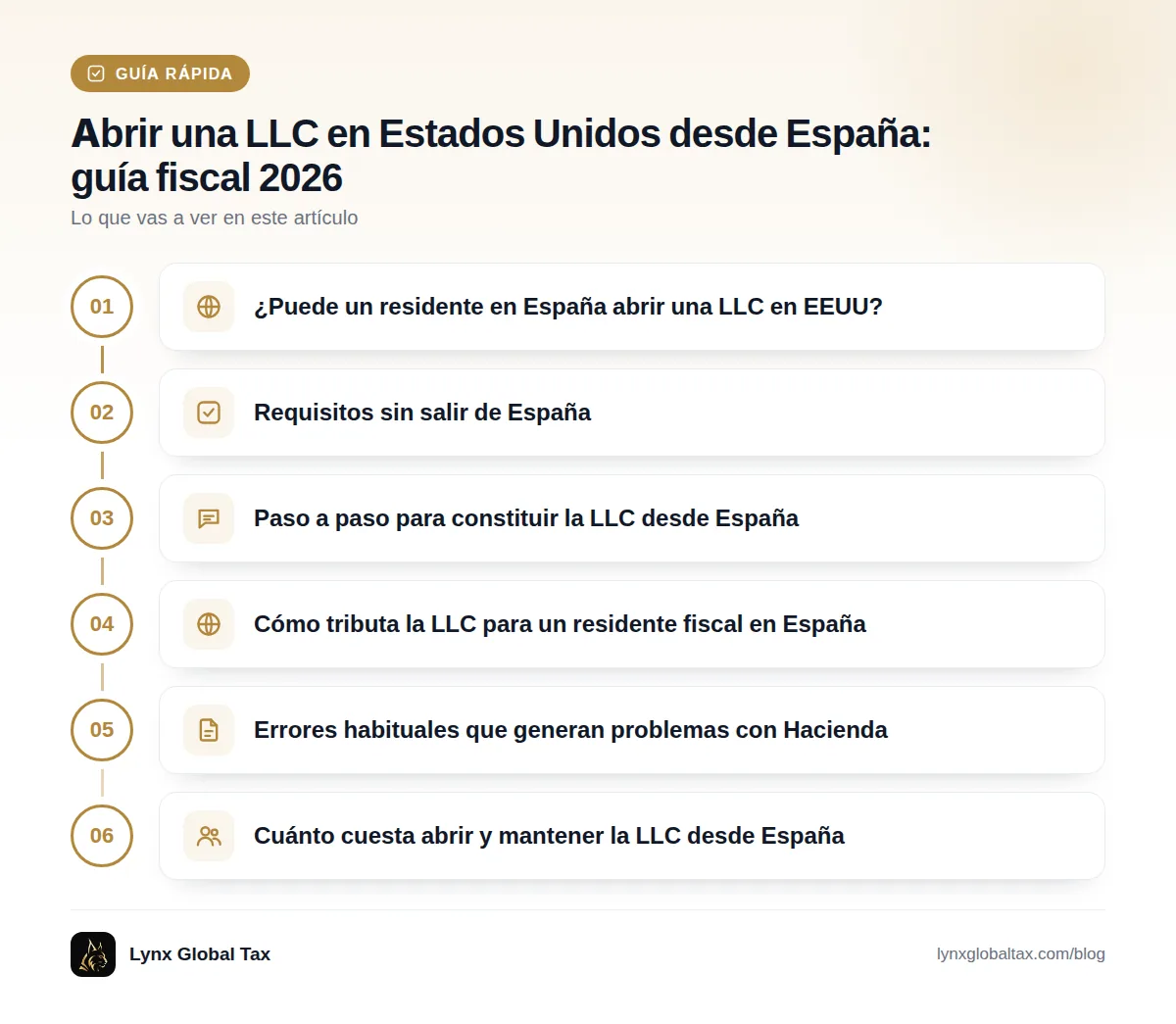 Guía rápida: ¿Puede un residente en España abrir una LLC en EEUU? · Requisitos sin salir de España · Paso a paso para constituir la LLC desde España · Cómo tributa la LLC para un residente fiscal en España · Errores habituales que generan problemas con Hacienda · Cuánto cuesta abrir y mantener la LLC desde España