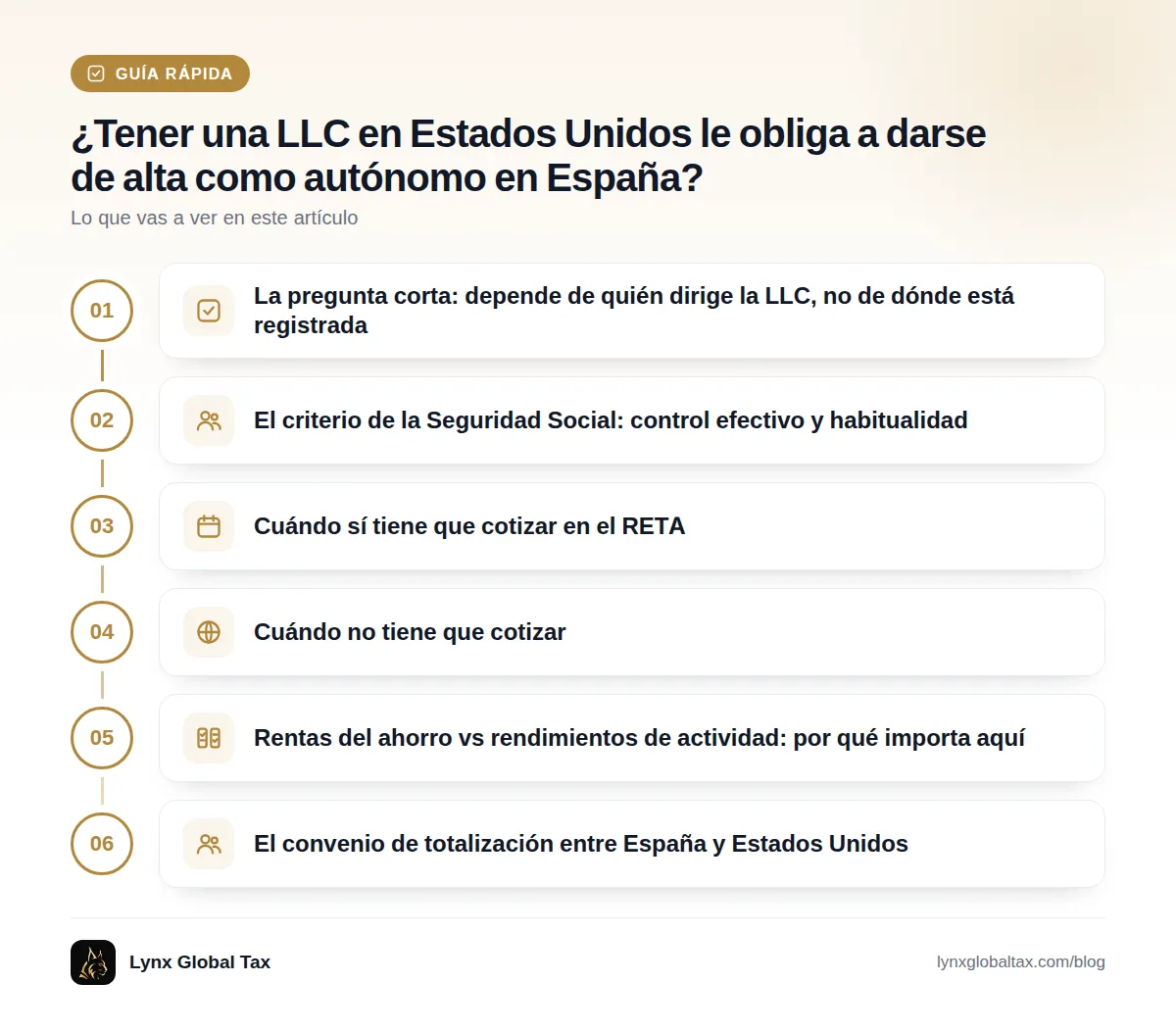 Guía rápida: La pregunta corta: depende de quién dirige la LLC, no de dónde está registrada · El criterio de la Seguridad Social: control efectivo y habitualidad · Cuándo sí tiene que cotizar en el RETA · Cuándo no tiene que cotizar · Rentas del ahorro vs rendimientos de actividad: por qué importa aquí · El convenio de totalización entre España y Estados Unidos