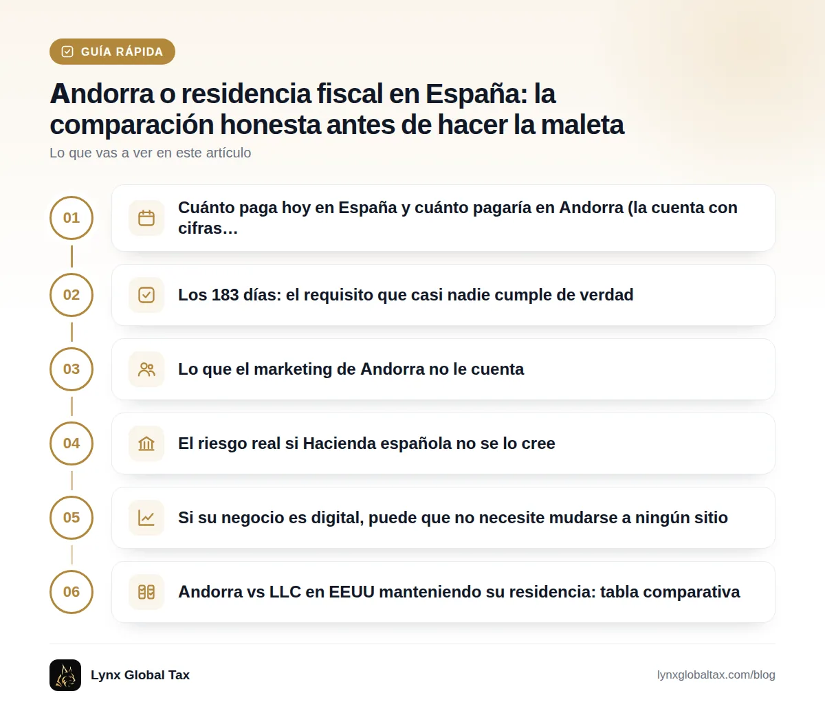 Guía rápida: Cuánto paga hoy en España y cuánto pagaría en Andorra (la cuenta con cifras… · Los 183 días: el requisito que casi nadie cumple de verdad · Lo que el marketing de Andorra no le cuenta · El riesgo real si Hacienda española no se lo cree · Si su negocio es digital, puede que no necesite mudarse a ningún sitio · Andorra vs LLC en EEUU manteniendo su residencia: tabla comparativa