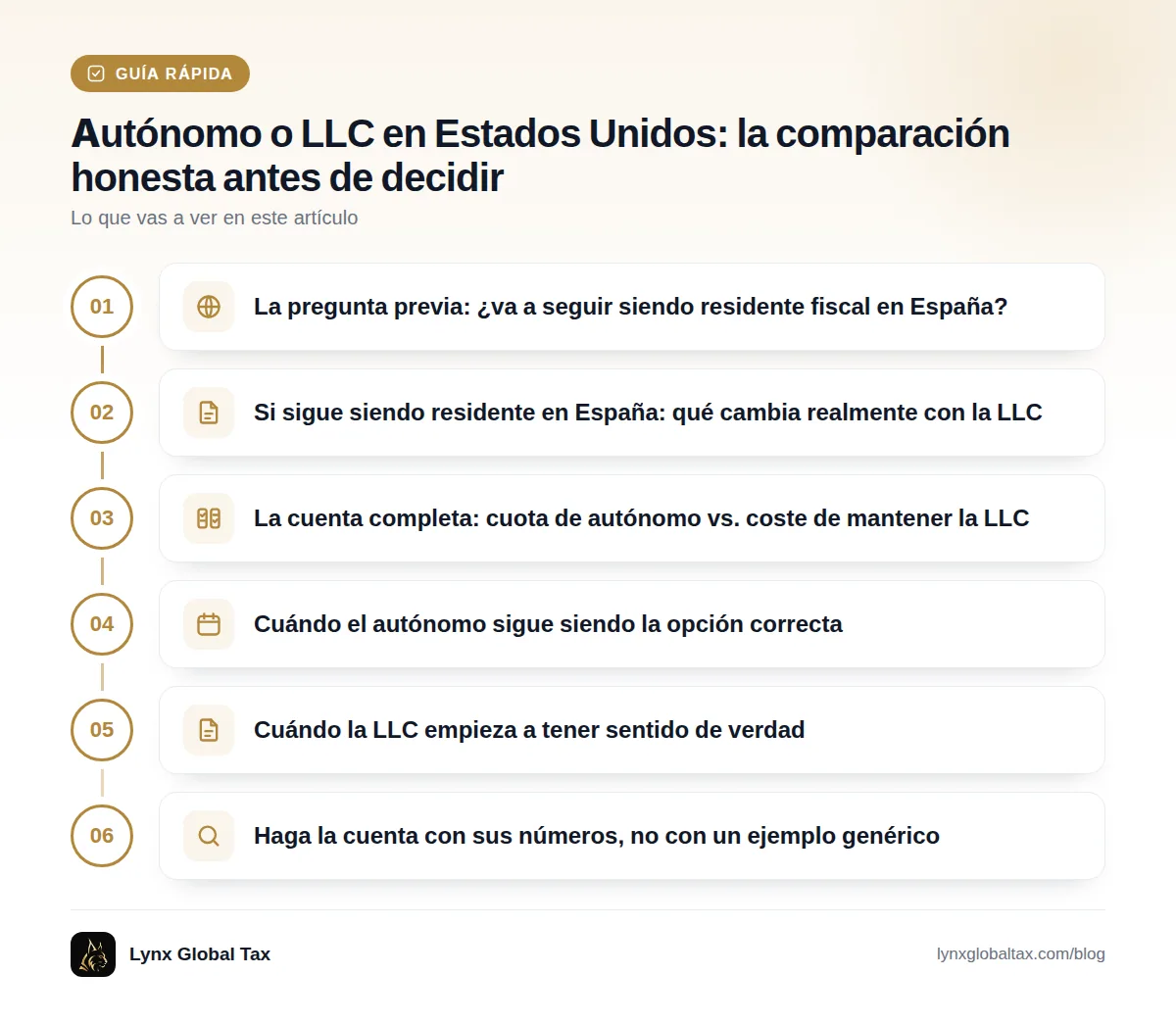 Guía rápida: La pregunta previa: ¿va a seguir siendo residente fiscal en España? · Si sigue siendo residente en España: qué cambia realmente con la LLC · La cuenta completa: cuota de autónomo vs. coste de mantener la LLC · Cuándo el autónomo sigue siendo la opción correcta · Cuándo la LLC empieza a tener sentido de verdad · Haga la cuenta con sus números, no con un ejemplo genérico