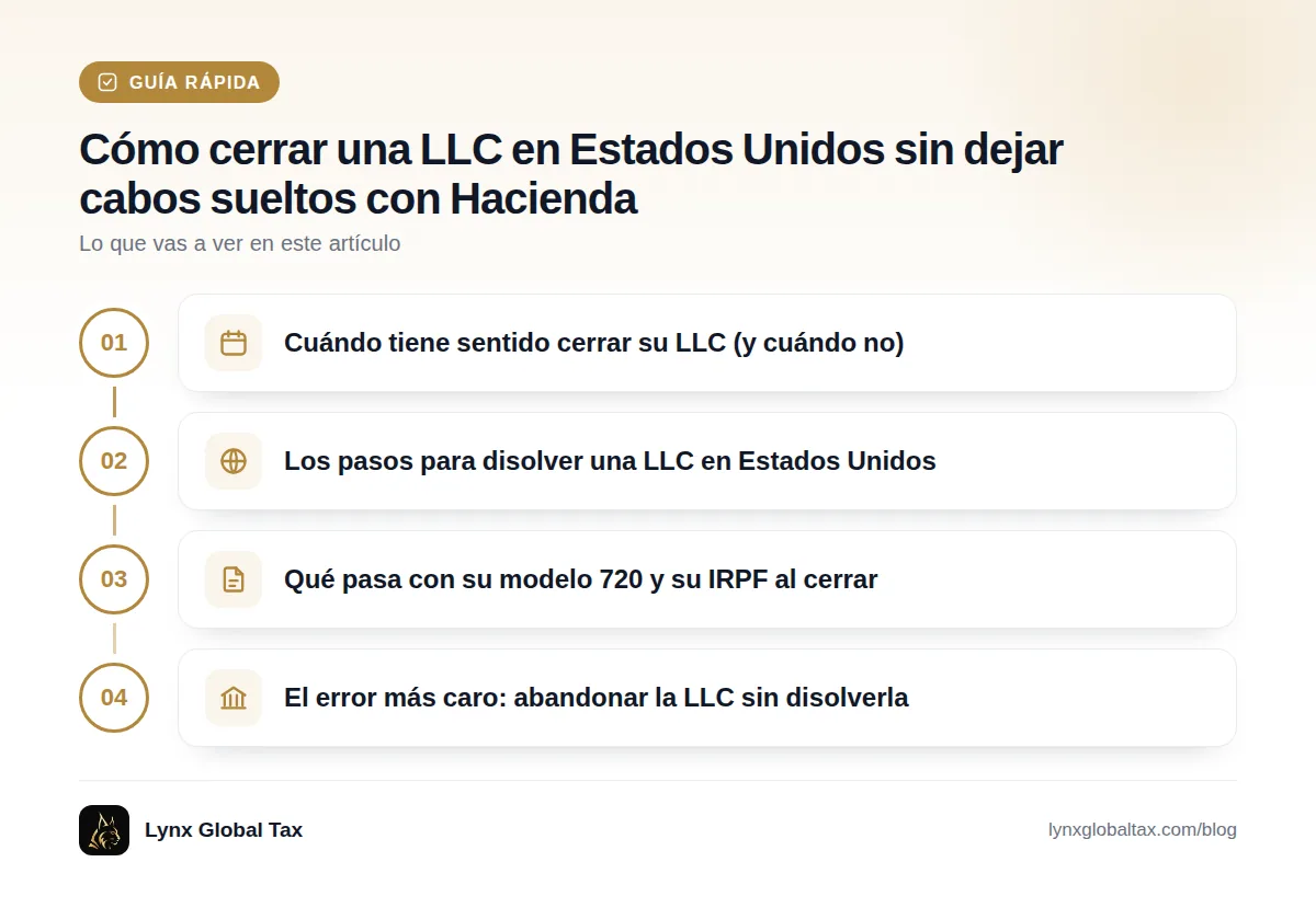 Guía rápida: Cuándo tiene sentido cerrar su LLC (y cuándo no) · Los pasos para disolver una LLC en Estados Unidos · Qué pasa con su modelo 720 y su IRPF al cerrar · El error más caro: abandonar la LLC sin disolverla