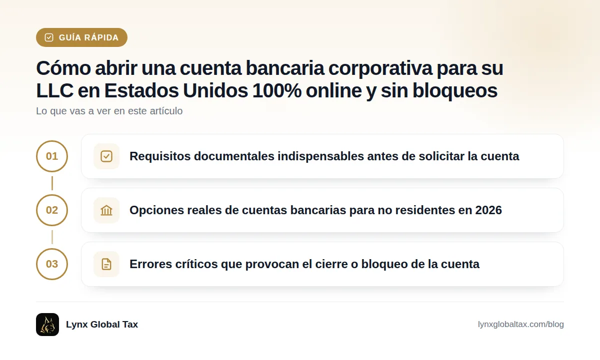 Guía rápida: Requisitos documentales indispensables antes de solicitar la cuenta · Opciones reales de cuentas bancarias para no residentes en 2026 · Errores críticos que provocan el cierre o bloqueo de la cuenta