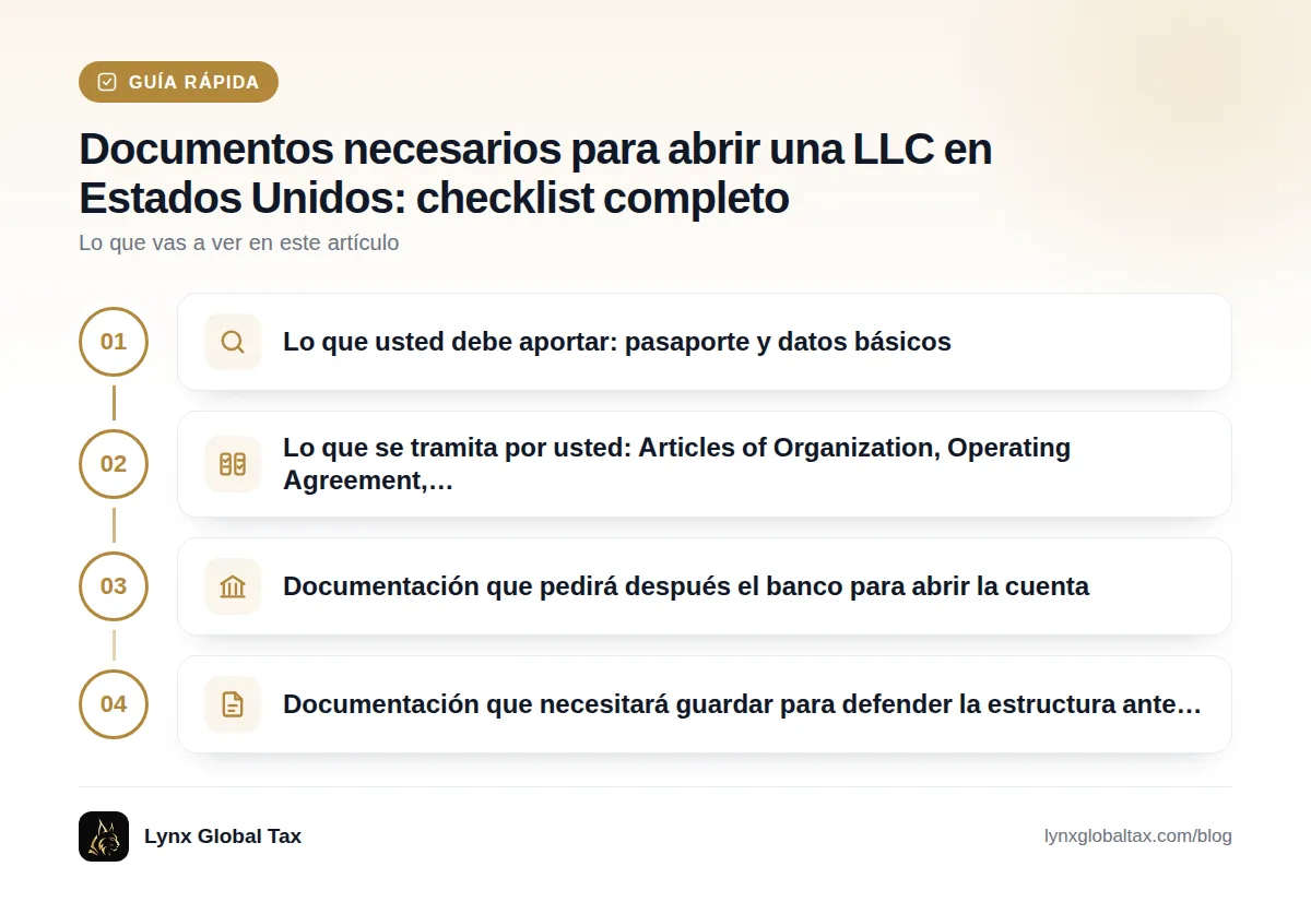 Guía rápida: Lo que usted debe aportar: pasaporte y datos básicos · Lo que se tramita por usted: Articles of Organization, Operating Agreement,… · Documentación que pedirá después el banco para abrir la cuenta · Documentación que necesitará guardar para defender la estructura ante…