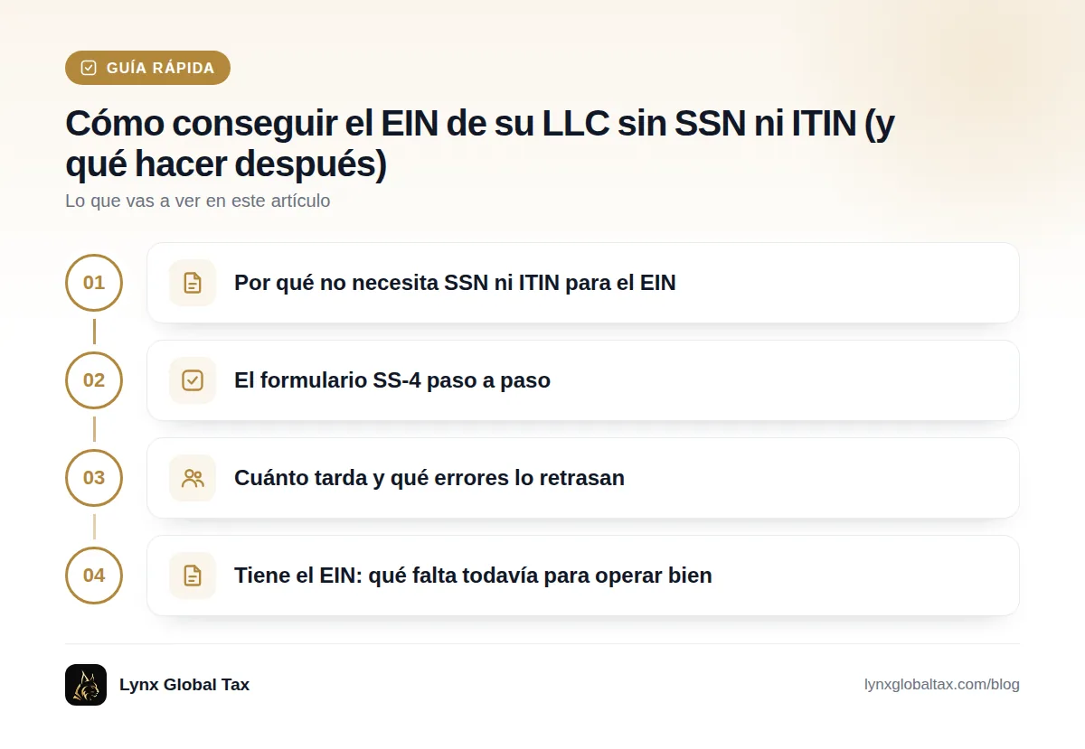 Guía rápida: Por qué no necesita SSN ni ITIN para el EIN · El formulario SS-4 paso a paso · Cuánto tarda y qué errores lo retrasan · Tiene el EIN: qué falta todavía para operar bien