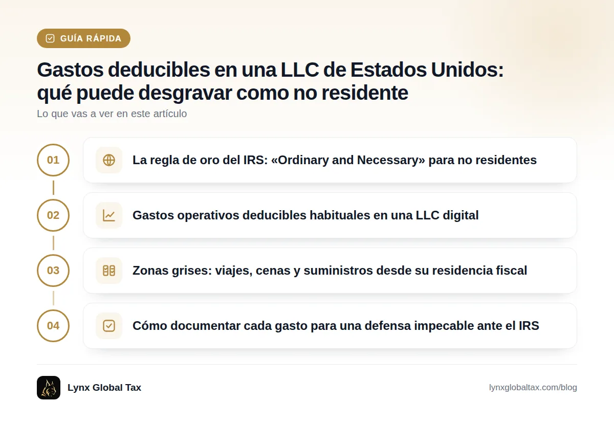 Guía rápida: La regla de oro del IRS: «Ordinary and Necessary» para no residentes · Gastos operativos deducibles habituales en una LLC digital · Zonas grises: viajes, cenas y suministros desde su residencia fiscal · Cómo documentar cada gasto para una defensa impecable ante el IRS