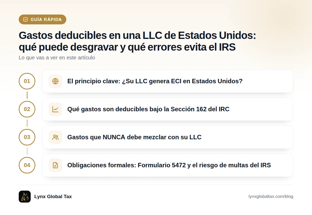 Guía rápida: El principio clave: ¿Su LLC genera ECI en Estados Unidos? · Qué gastos son deducibles bajo la Sección 162 del IRC · Gastos que NUNCA debe mezclar con su LLC · Obligaciones formales: Formulario 5472 y el riesgo de multas del IRS