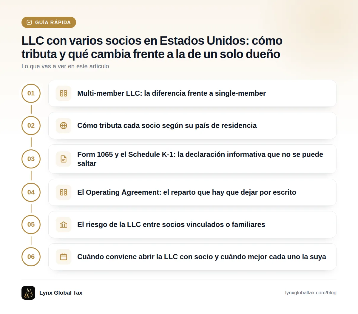 Guía rápida: Multi-member LLC: la diferencia frente a single-member · Cómo tributa cada socio según su país de residencia · Form 1065 y el Schedule K-1: la declaración informativa que no se puede saltar · El Operating Agreement: el reparto que hay que dejar por escrito · El riesgo de la LLC entre socios vinculados o familiares · Cuándo conviene abrir la LLC con socio y cuándo mejor cada uno la suya
