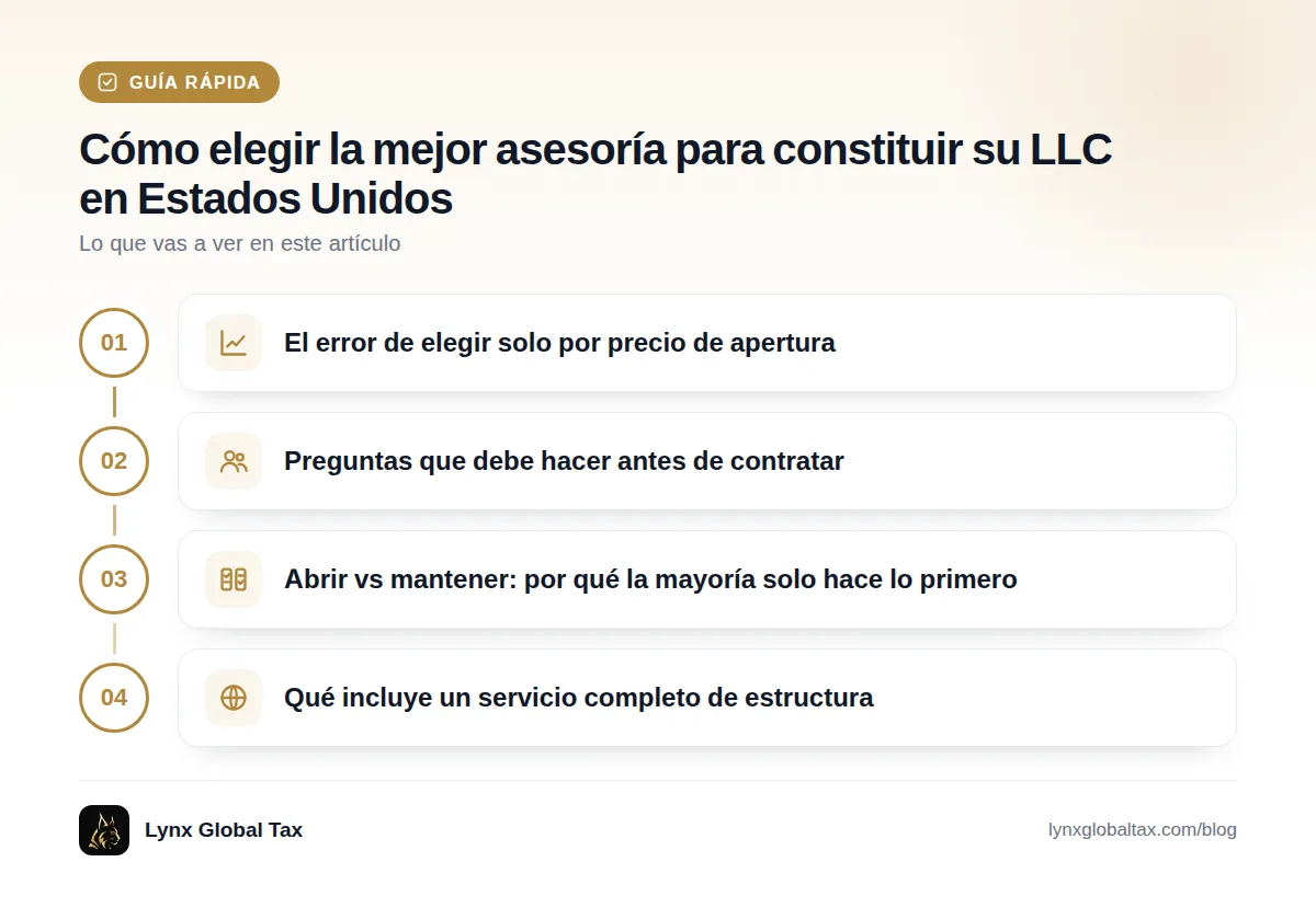 Guía rápida: El error de elegir solo por precio de apertura · Preguntas que debe hacer antes de contratar · Abrir vs mantener: por qué la mayoría solo hace lo primero · Qué incluye un servicio completo de estructura