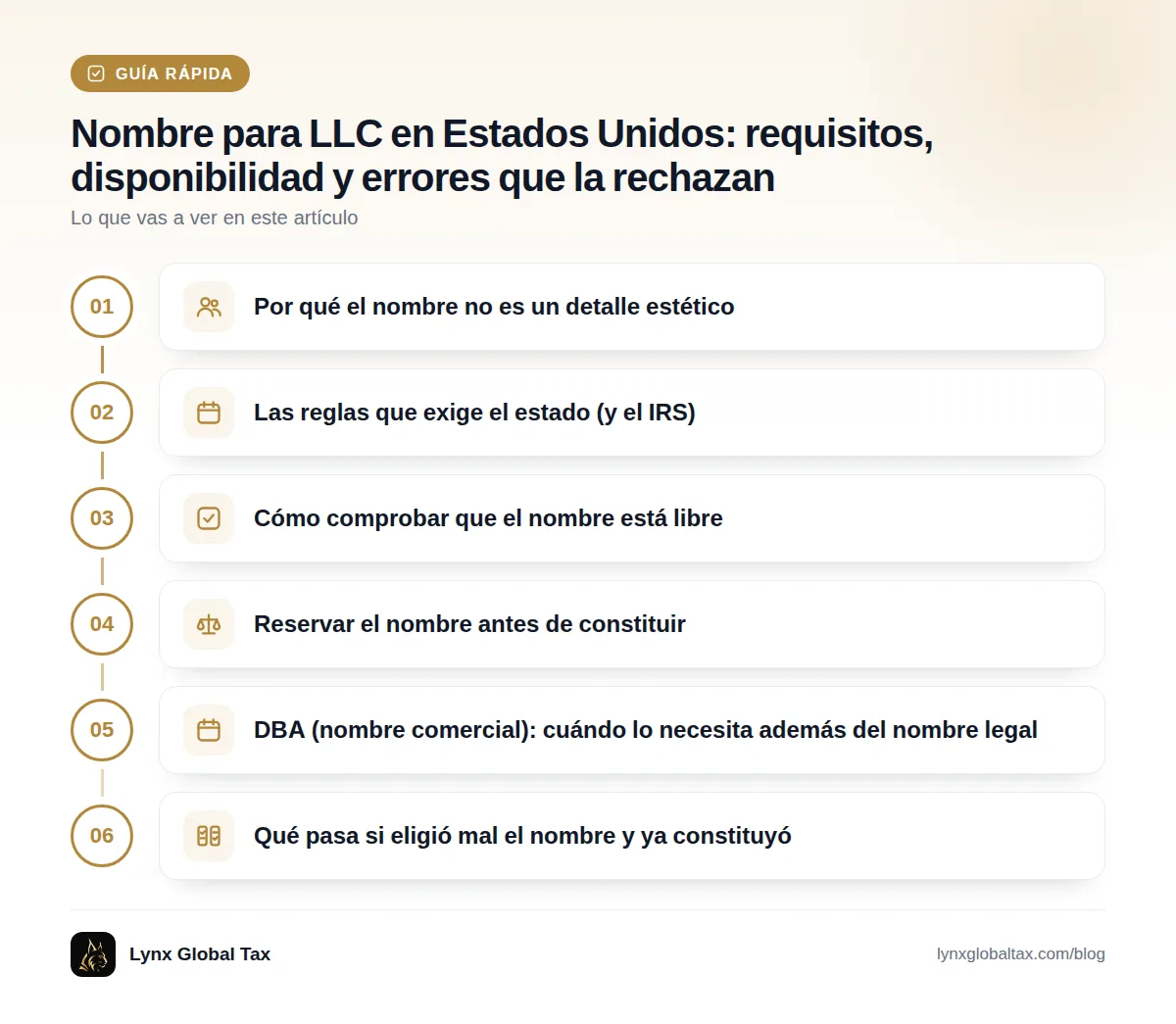Guía rápida: Por qué el nombre no es un detalle estético · Las reglas que exige el estado (y el IRS) · Cómo comprobar que el nombre está libre · Reservar el nombre antes de constituir · DBA (nombre comercial): cuándo lo necesita además del nombre legal · Qué pasa si eligió mal el nombre y ya constituyó