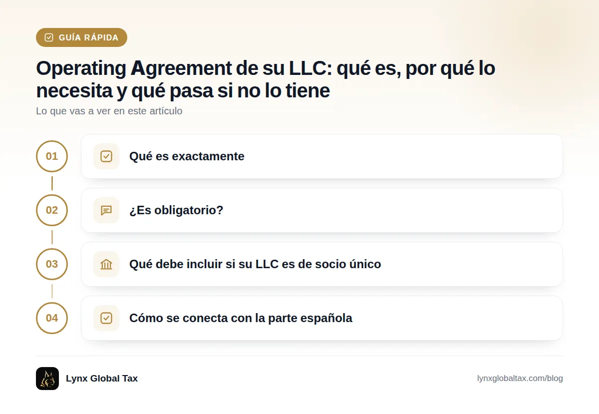 Guía rápida: Qué es exactamente · ¿Es obligatorio? · Qué debe incluir si su LLC es de socio único · Cómo se conecta con la parte española