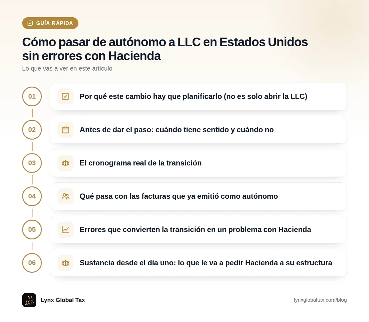 Guía rápida: Por qué este cambio hay que planificarlo (no es solo abrir la LLC) · Antes de dar el paso: cuándo tiene sentido y cuándo no · El cronograma real de la transición · Qué pasa con las facturas que ya emitió como autónomo · Errores que convierten la transición en un problema con Hacienda · Sustancia desde el día uno: lo que le va a pedir Hacienda a su estructura