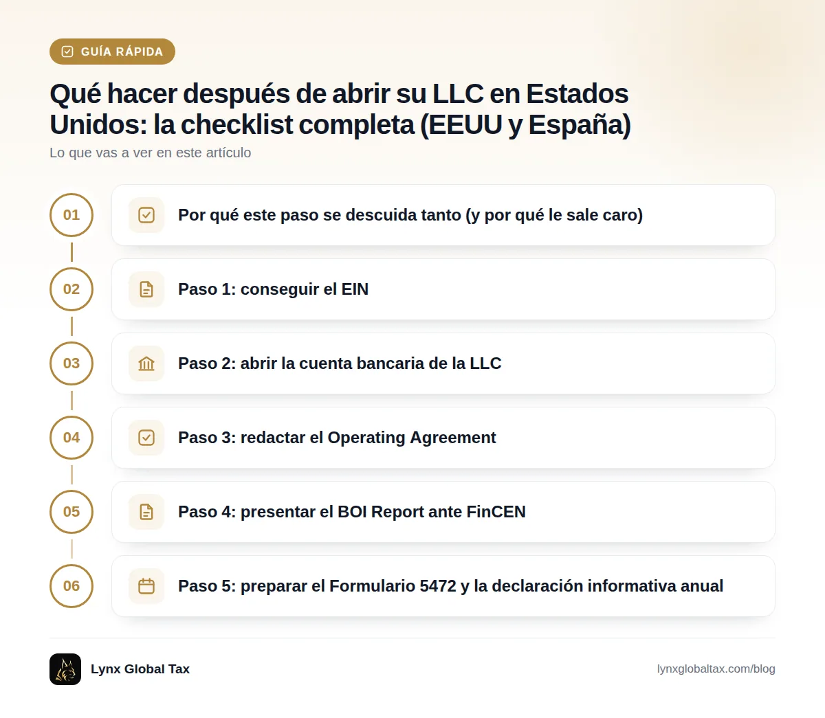 Guía rápida: Por qué este paso se descuida tanto (y por qué le sale caro) · Paso 1: conseguir el EIN · Paso 2: abrir la cuenta bancaria de la LLC · Paso 3: redactar el Operating Agreement · Paso 4: presentar el BOI Report ante FinCEN · Paso 5: preparar el Formulario 5472 y la declaración informativa anual